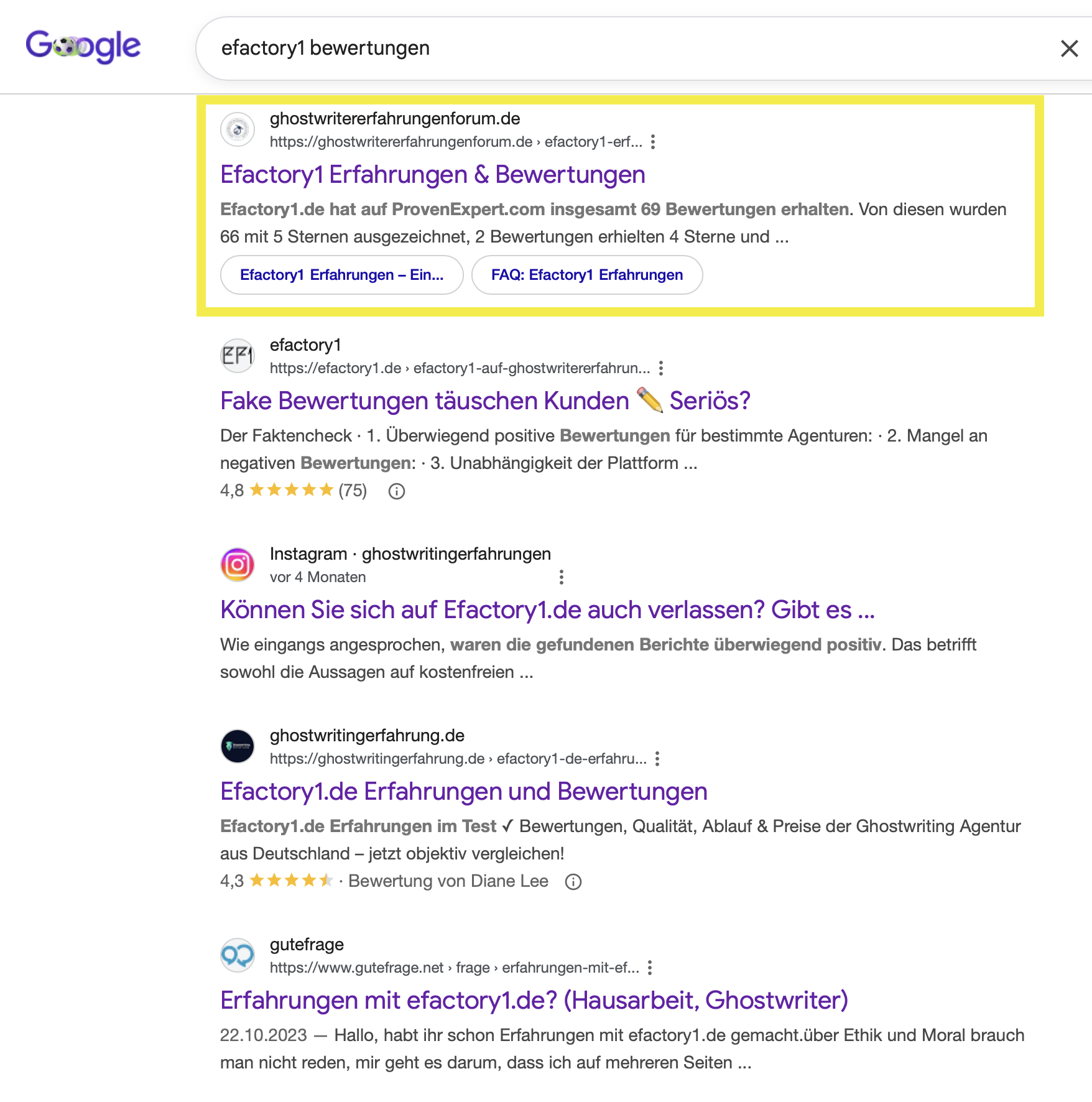 Google-Suchergebnis zu 'efactory1 bewertungen': das Portal steht weit oben, direkt darunter ein eigener Beitrag von efactory1.
