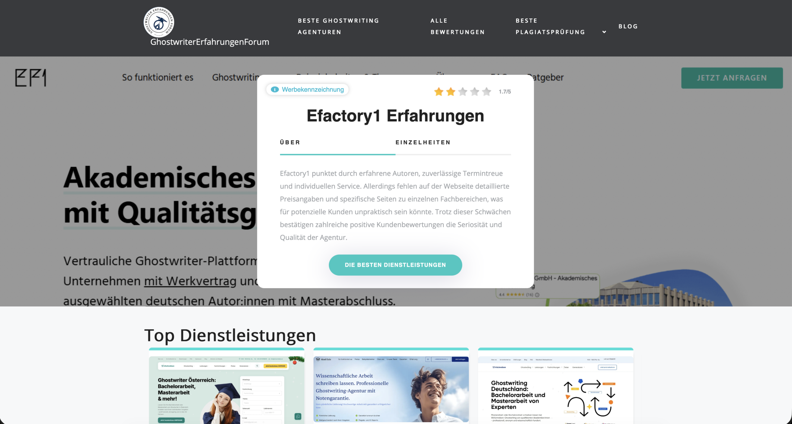 Startseite des Portals: efactory1 mit 1,7 von 5 im Einblendfenster, darunter Akad-Eule und WirSchreiben als Top-Dienstleistungen.