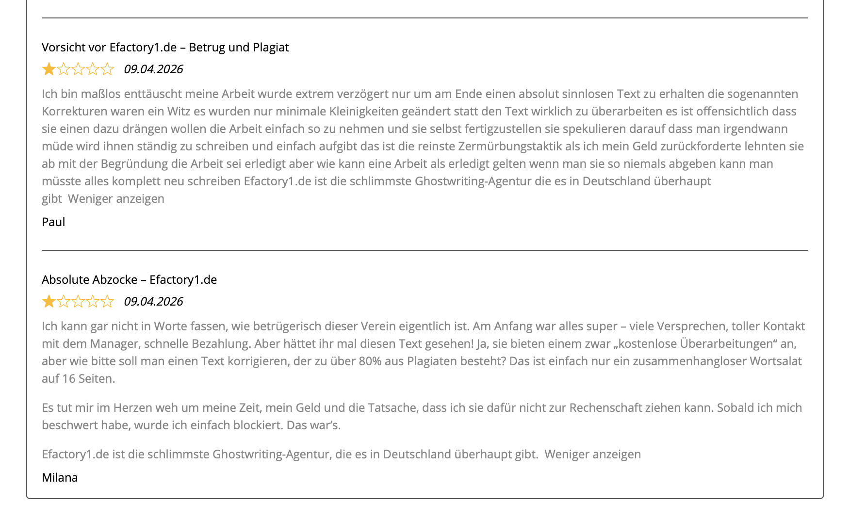 Zwei negative Bewertungen ueber efactory1 mit identischer Schlussformel, beide datiert auf den 9. April 2026.