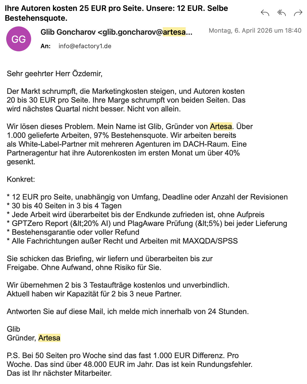 E-Mail eines Dienstleisters an efactory1: 12 EUR pro Seite, 30 bis 40 Seiten in 3 bis 4 Tagen, GPTZero-Report unter 20 Prozent KI, PlagAware unter 5 Prozent, Bestehensgarantie.