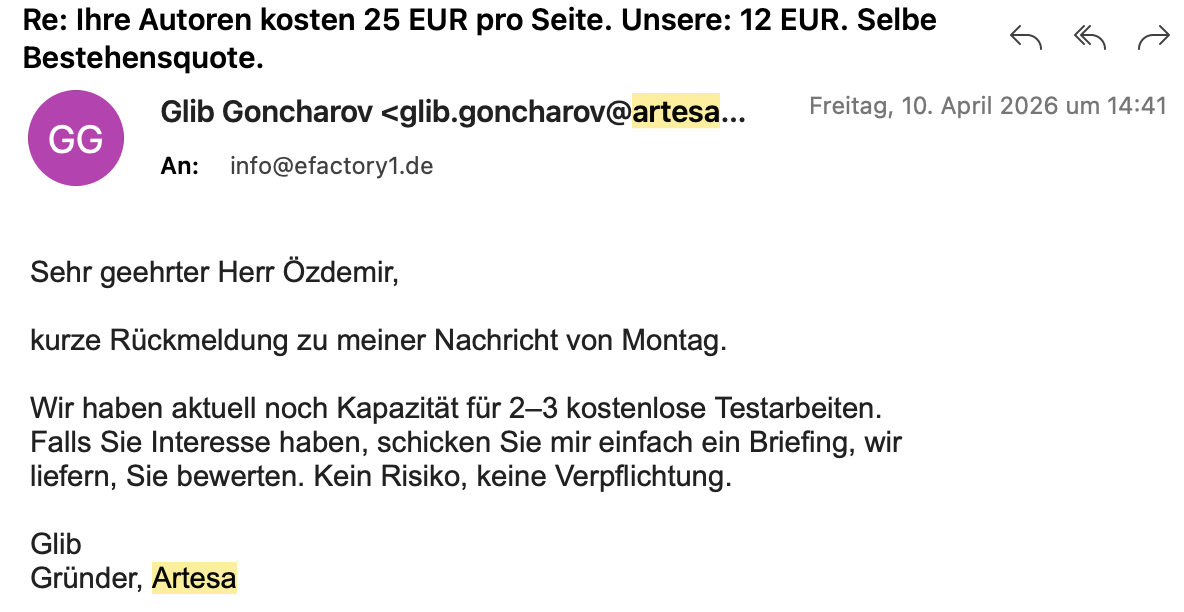 Nachfass-E-Mail desselben Dienstleisters an efactory1 mit dem Angebot von zwei bis drei kostenlosen Testarbeiten.