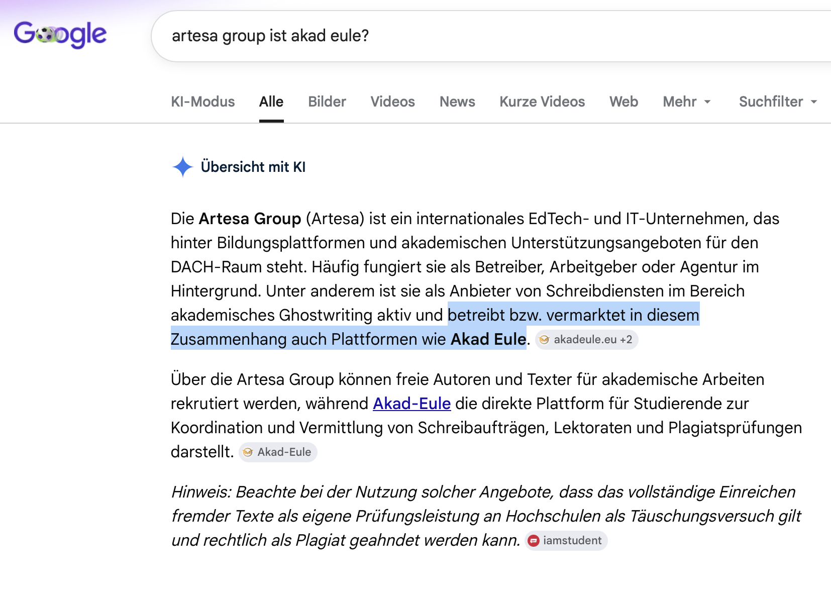 Automatisch erzeugte Google-KI-Uebersicht zu einer Suchanfrage nach einem moeglichen Zusammenhang zwischen einem Anbieter und einer Plattform.