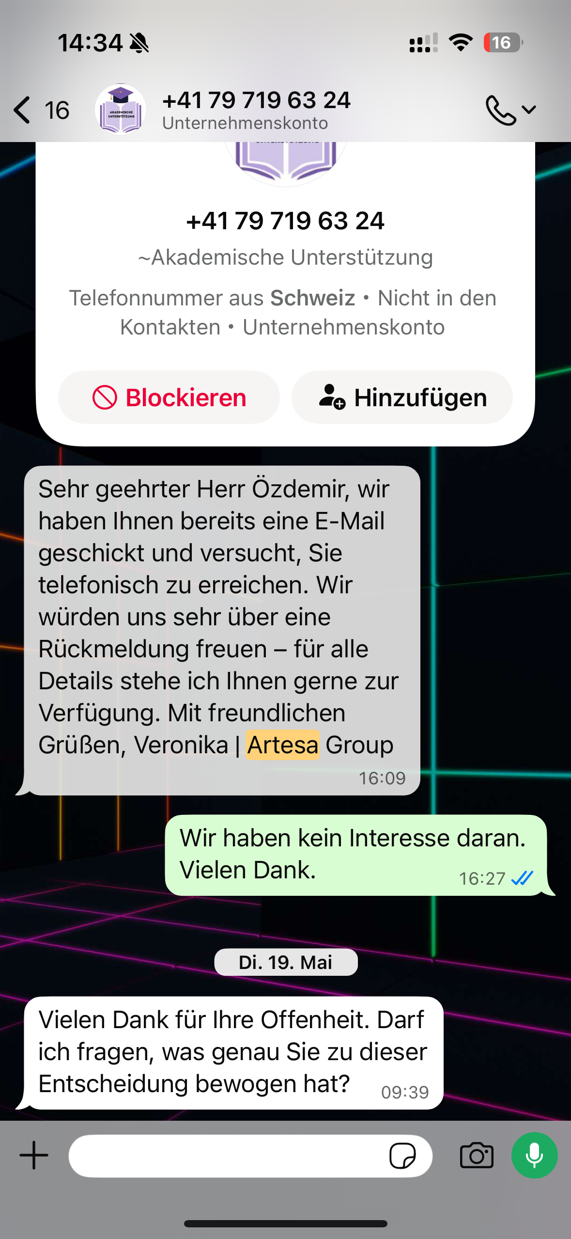 WhatsApp-Unternehmenskonto mit dem Namen Akademische Unterstuetzung und Schweizer Nummer; die Nachricht ist mit Artesa Group unterzeichnet, efactory1 antwortet, dass kein Interesse besteht.