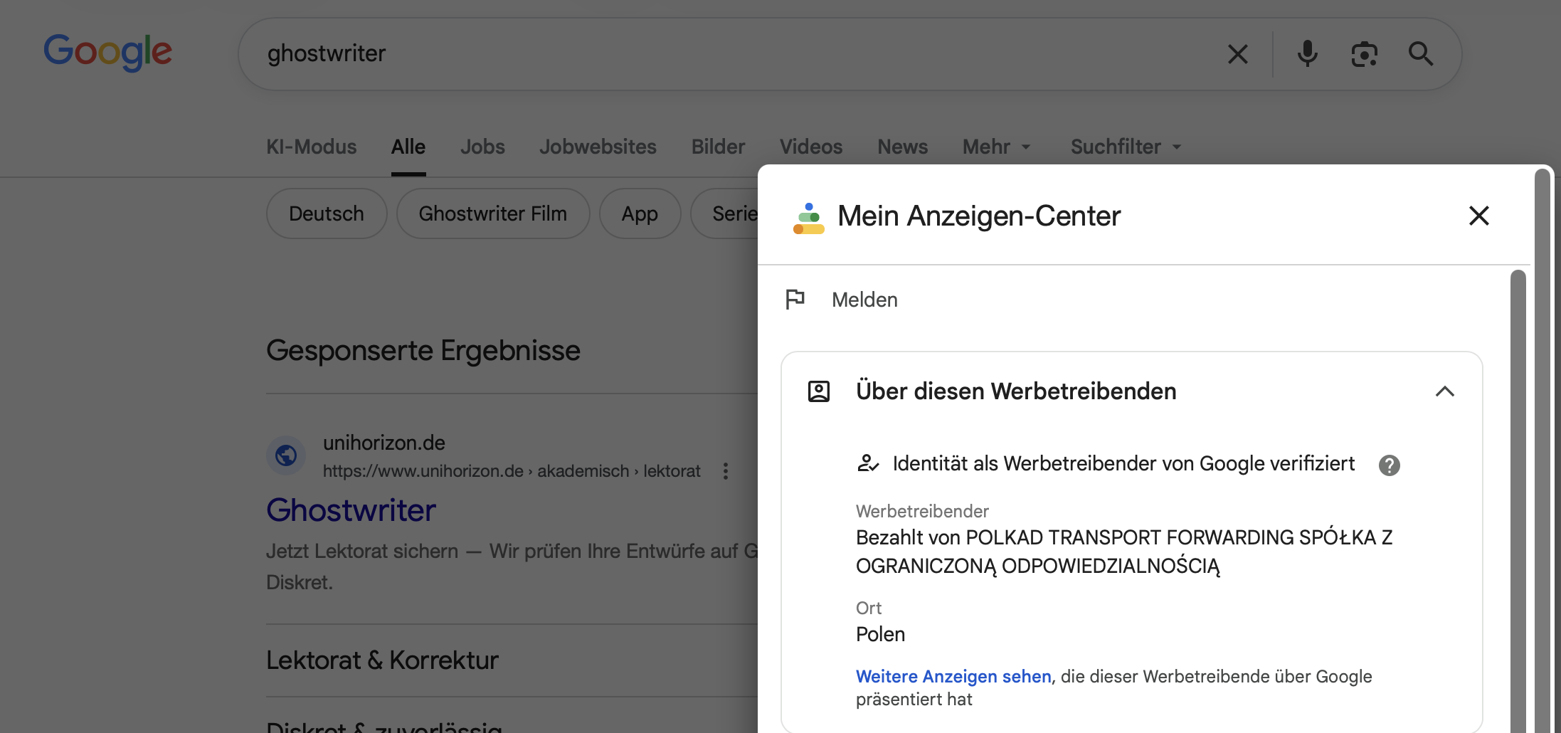 Google Anzeigen-Center zeigt POLKAD TRANSPORT FORWARDING aus Polen als Werbetreibenden fuer unihorizon.de