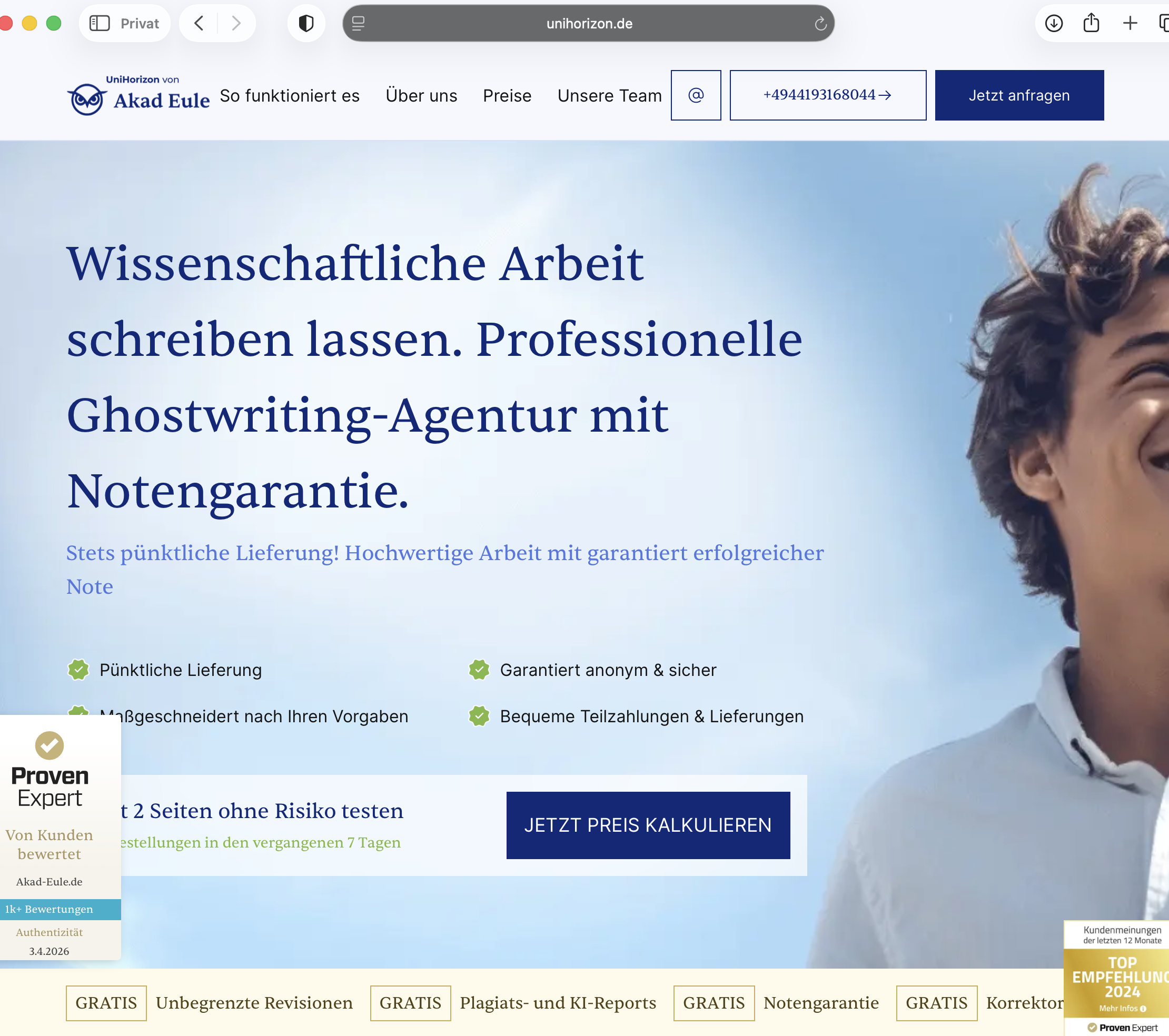 unihorizon.de zeigt Akad Eule Branding: UniHorizon von Akad Eule mit Notengarantie