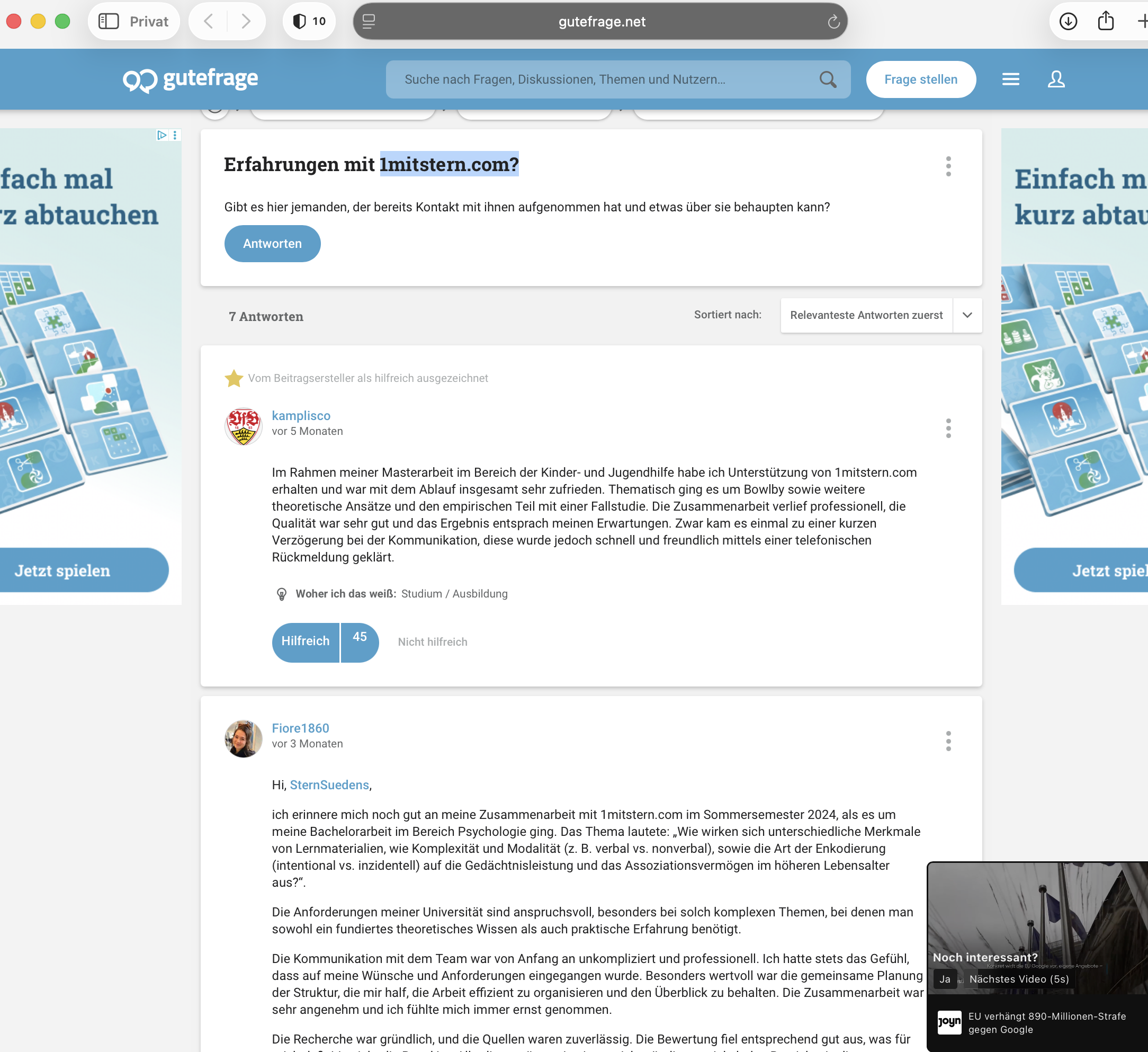 gutefrage.net Thread mit auffaellig positiven Bewertungen zu 1mitstern.com als Ziel bezahlter Google-Anzeigen