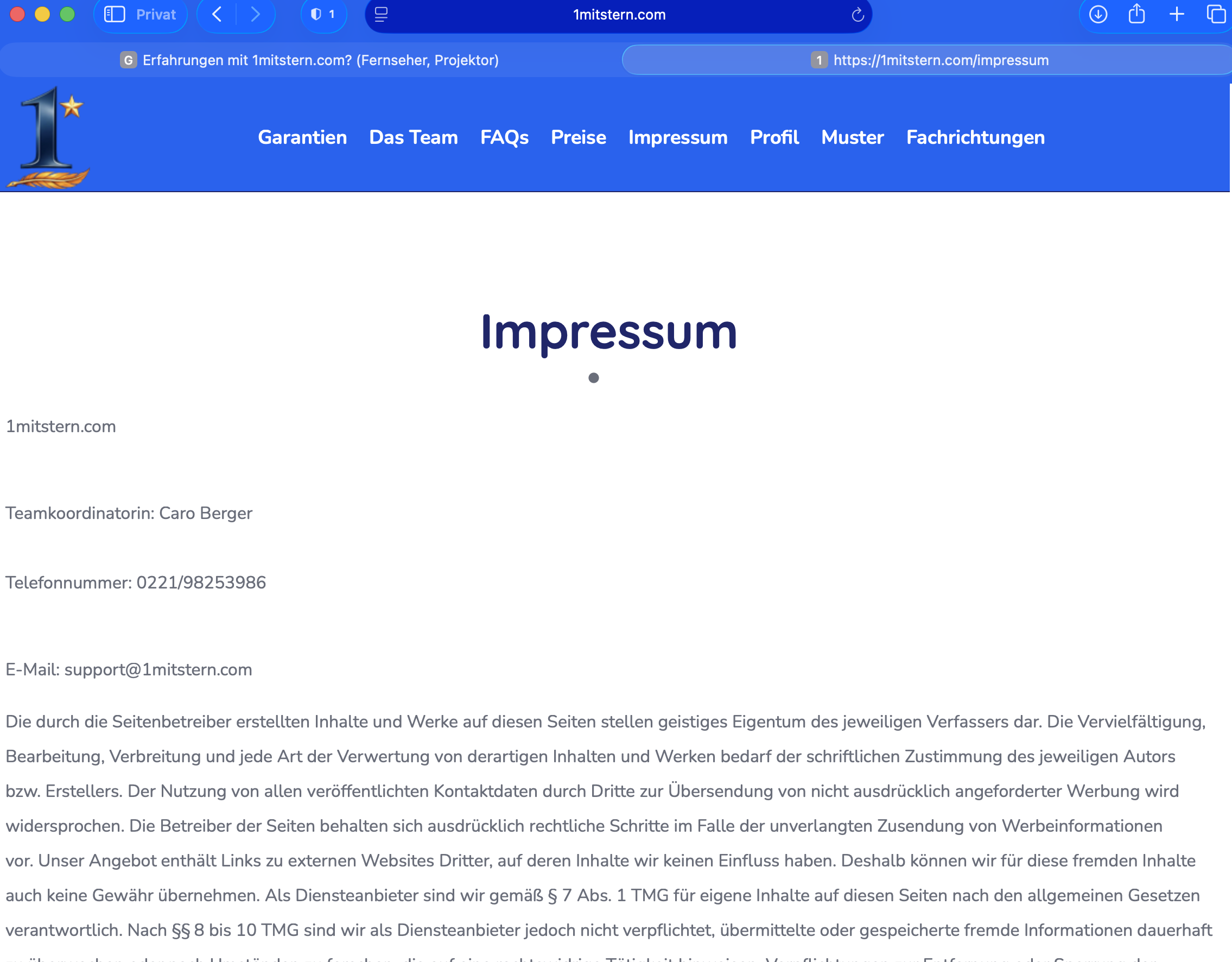 Impressum von 1mitstern.com ohne Firmenname und Anschrift &ndash; nur Teamkoordinatorin Caro Berger