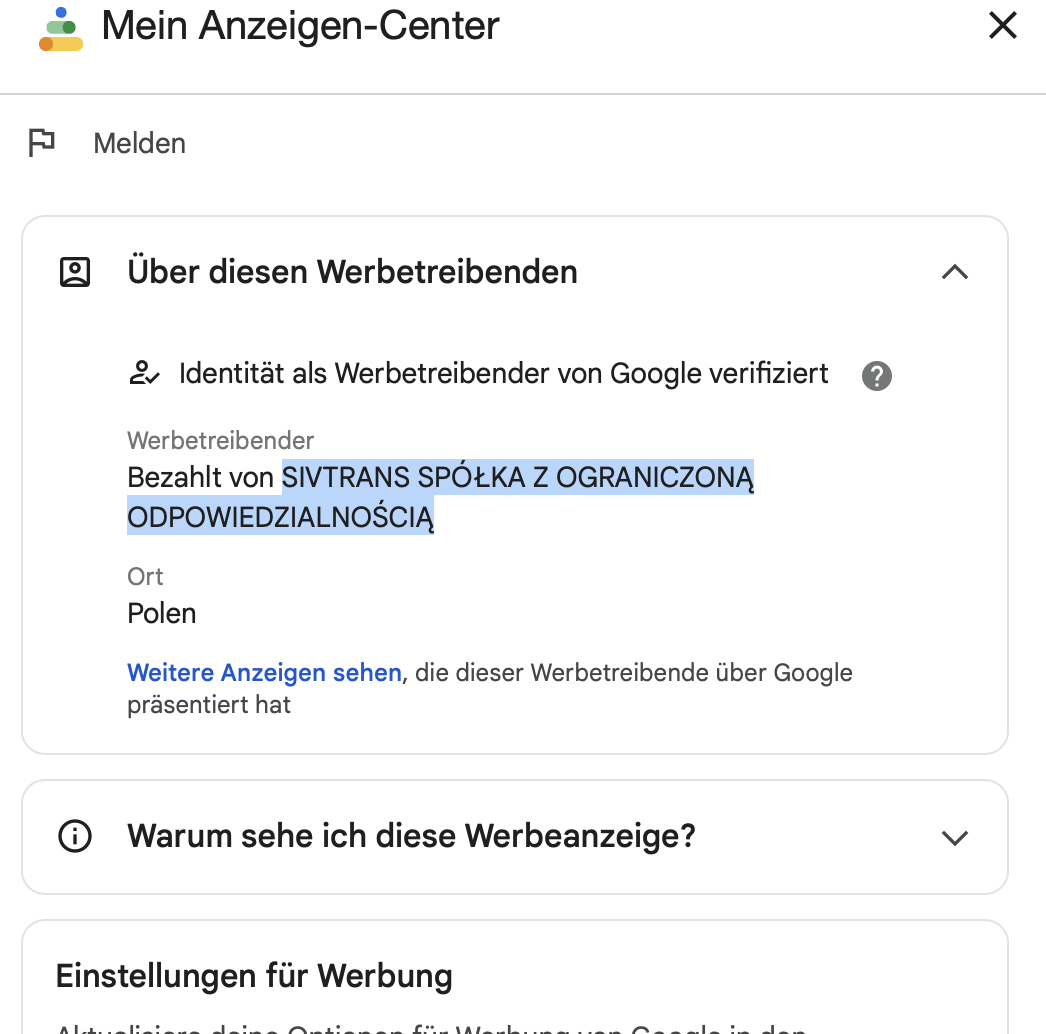 Google Anzeigen-Center zeigt SIVTRANS aus Polen als Werbetreibenden fuer lernbridge.de