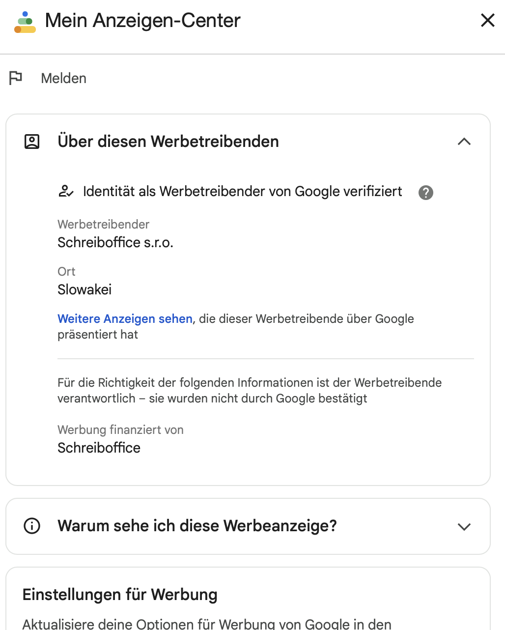 Google Anzeigen-Center: Werbetreibender Schreiboffice s.r.o. aus der Slowakei