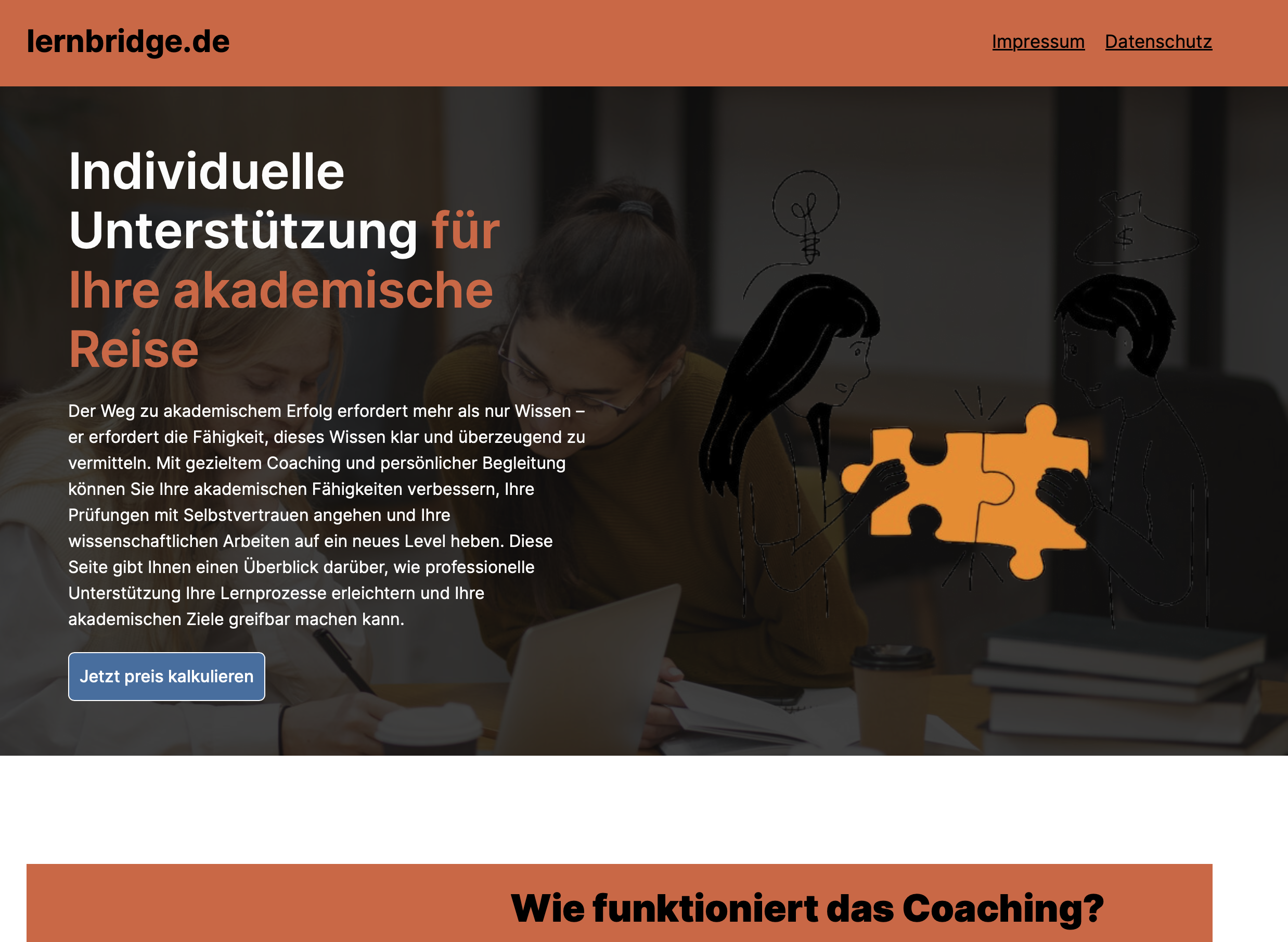 Rote Maskenseite von lernbridge.de als angebliches Coaching-Angebot ohne vollstaendiges Impressum